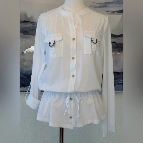 Michael Kors White Cotton Utility Shirt with Gold MK Hardware & Drawstring Waist - Picture 2 of 16